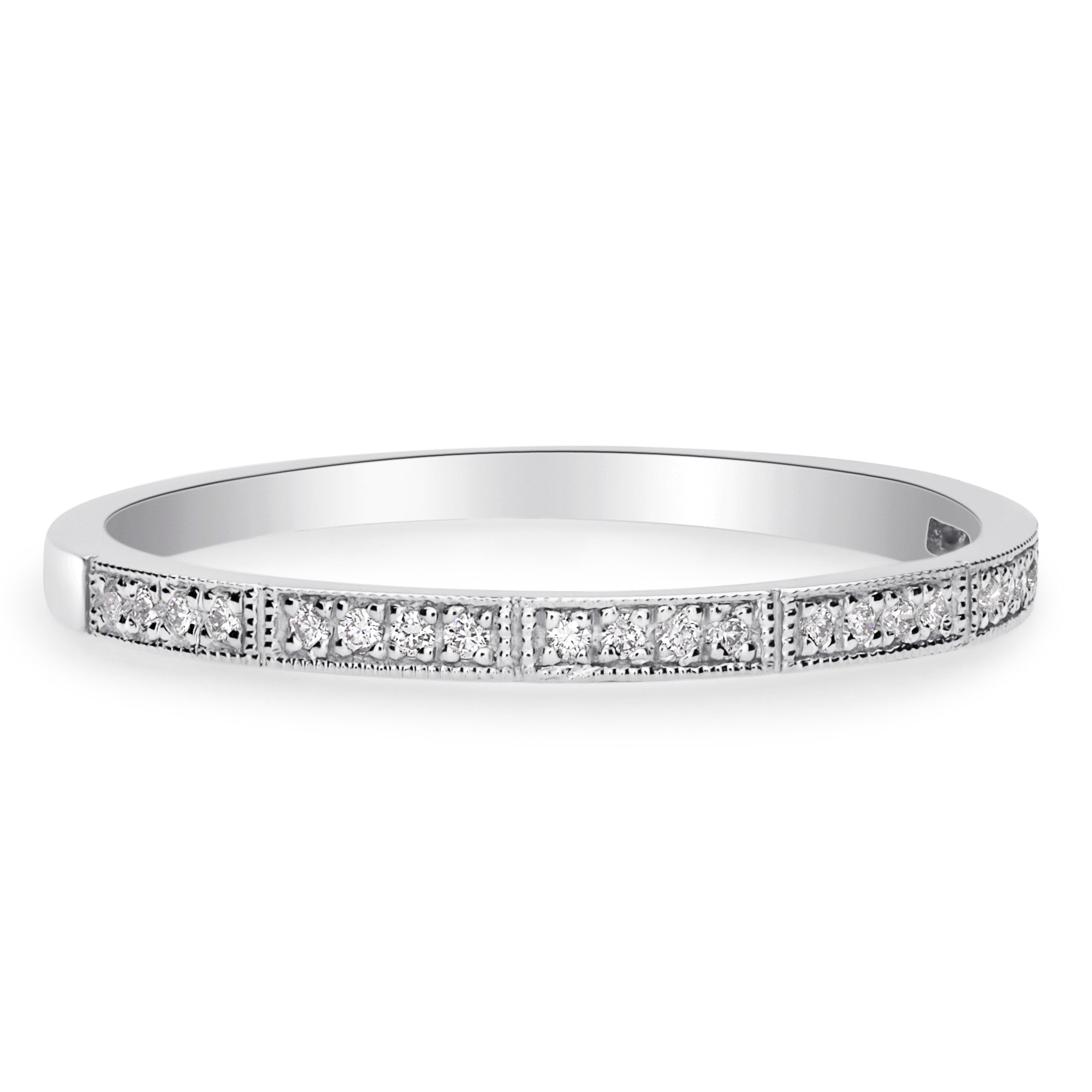 White Gold Art Deco Industrial Milgrain Diamond Wedding Band Stackable Ring