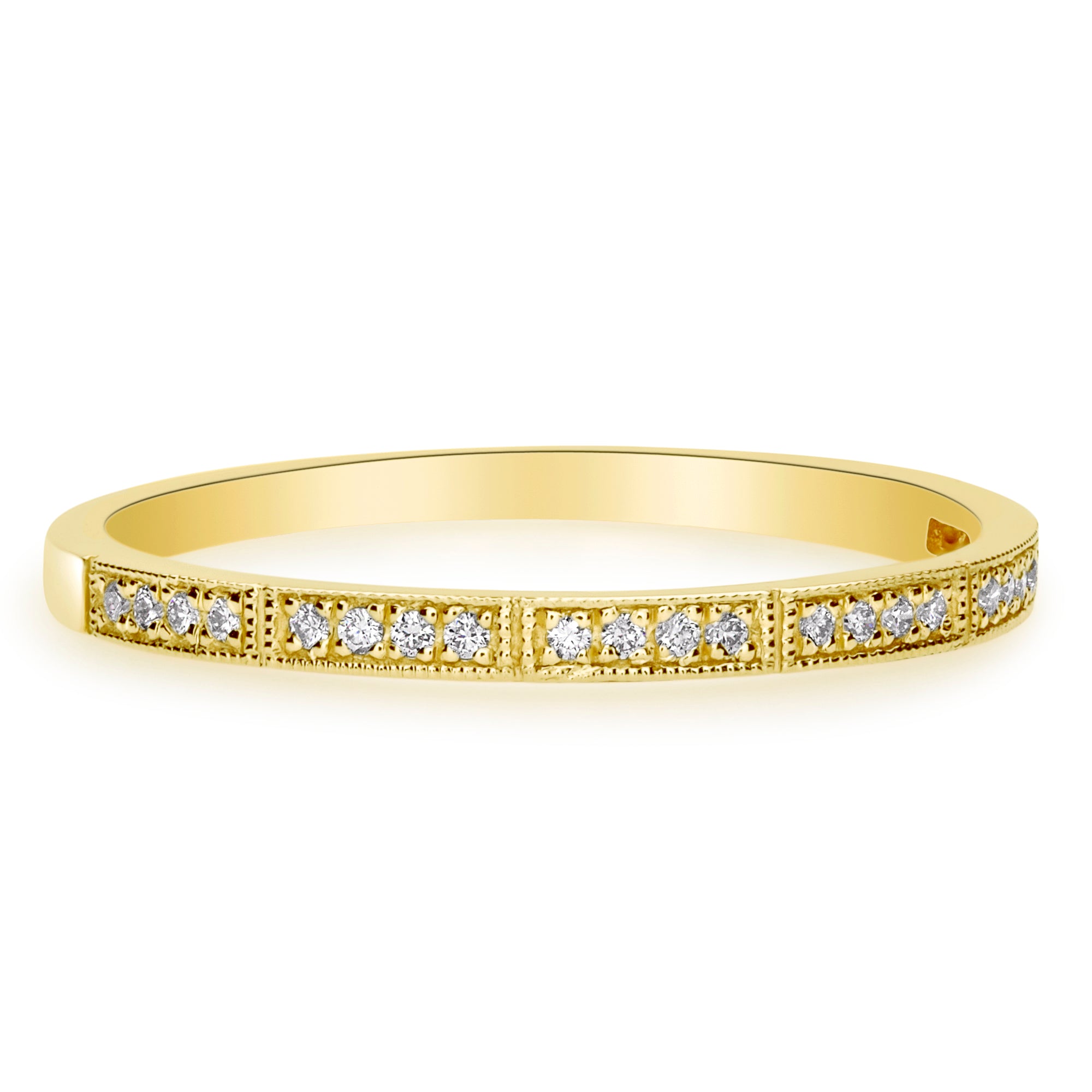 Yellow Gold Art Deco Industrial Milgrain Diamond Wedding Band Stackable Ring